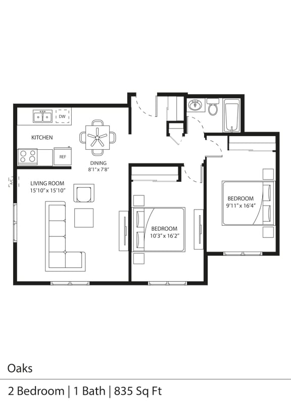 the floor plan of oaks 2 bedroom unit