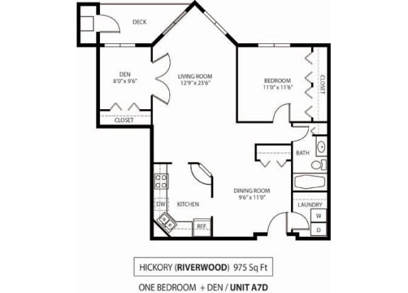 The Riverwood Hickory Floor Plan The Riverwood Apartments in Lilydale, MN 1 Bedroom 1 Bath Plus Den