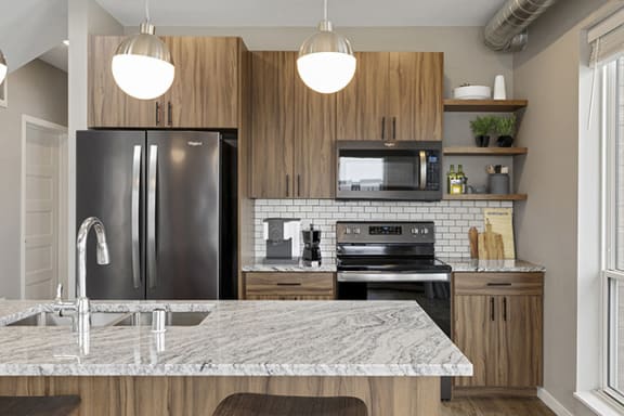 Kitchen wooden cabinets at The Mera, St Louis Park, 55426