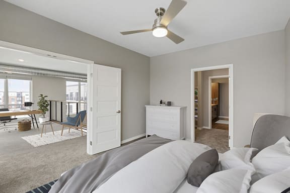 Ceiling fan and light in the bedroom at Nuvelo at Parkside, Apple Valley, Minnesota