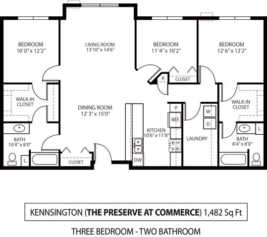 A black and white image of a three bedroom, two bathroom house plan.