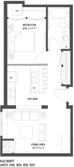 A floor plan of a small apartment with a bedroom, kitchen, and living area.