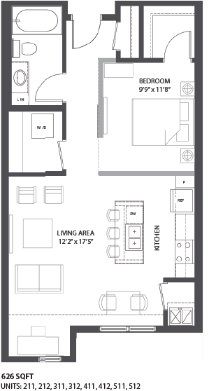 1 bed, 1 bath F floorplan, the Palmer, Minneapolis, MN