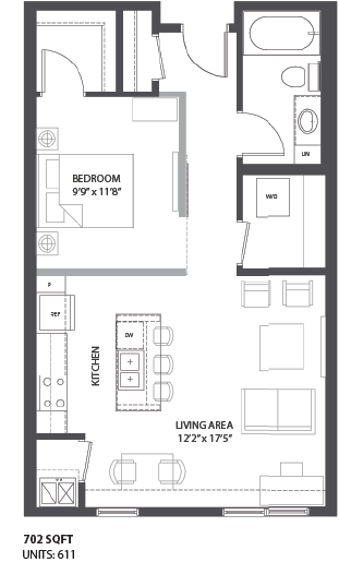 1 bed, 1 bath F1 floorplan, the Palmer, Minneapolis, MN