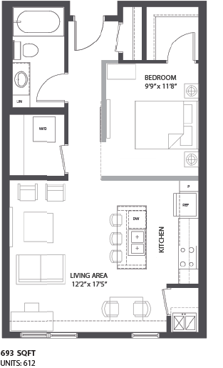 1 bed, 1 bath F1R floorplan, the Palmer, Minneapolis, MN