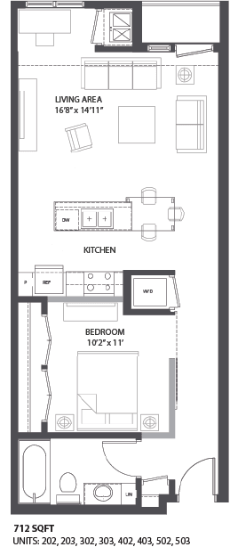 A floor plan of a house with a living area, a kitchen, and a bedroom.