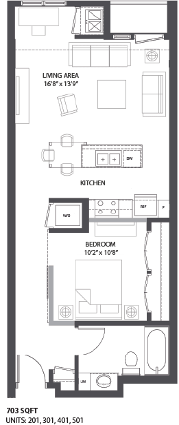 A floor plan of a 703 square foot apartment with a living area, kitchen, and bedroom.