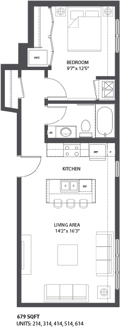 1 bed, 1 bath floor plan H The Palmer, Minneapolis, MN