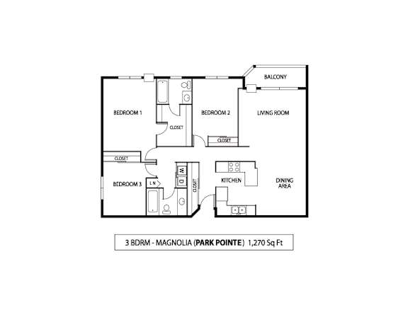 A black and white diagram of a 3 bedroom, 1270 square foot Magnolia park pointe apartment.