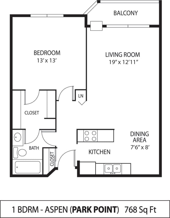 Floor Plan  1 bed 1 bath A Park Pointe Aspen Floor Plan  at Park Pointe, St. Louis Park, MN