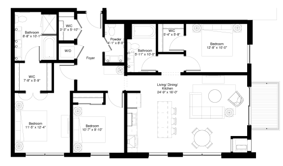 Central Park West Apartments in St. Louis Park MN, 3 Bedroom Redcedar Floor Plan