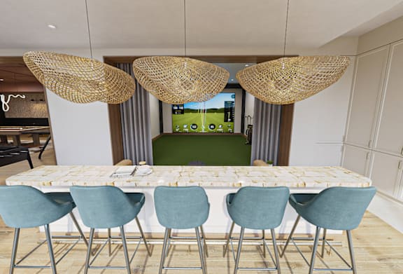 a dining room with a long table and blue chairs at The Mera, St Louis Park