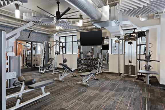 Fitness center with cardio equipment at The Palmer, Minneapolis, MN