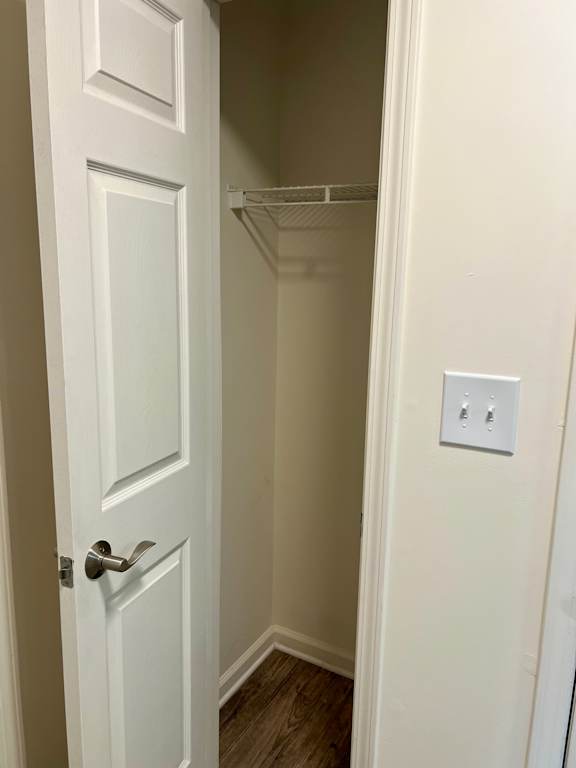 A white door with a silver handle is open to a small closet with a white shelf.