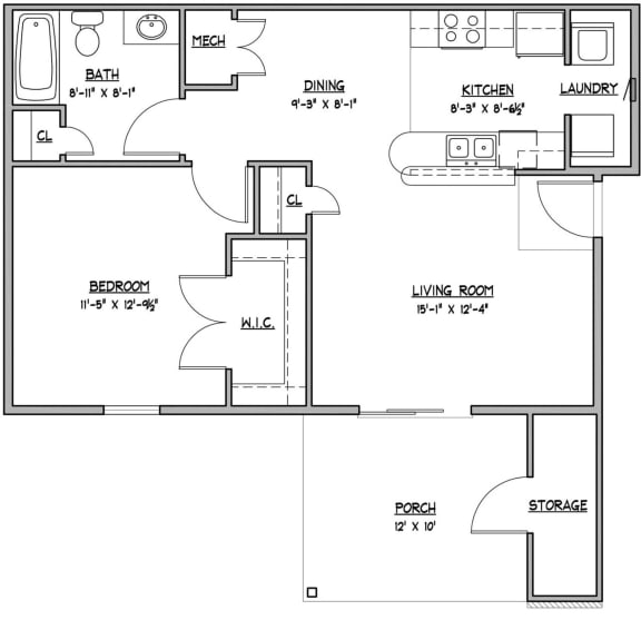 Cedar 1 bedroom 1 bathroom 720 Sq.Ft. floor plan at Hawthorne Properties, Indiana