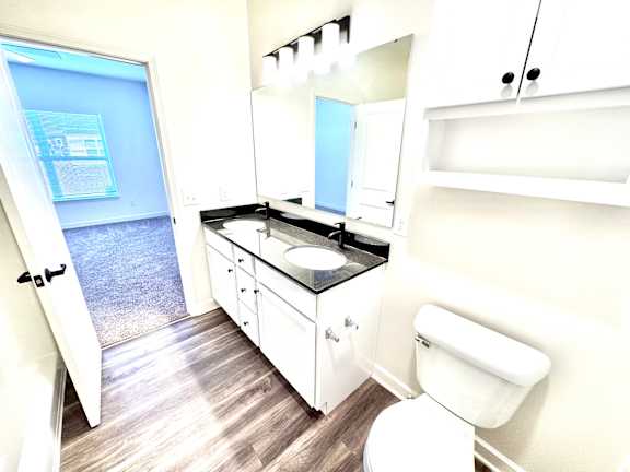 A white bathroom with a toilet, sink, and mirror.at Concord Crossing, Lafayette, IN