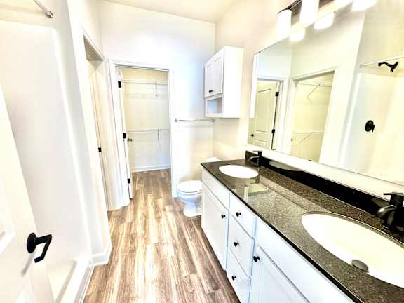 A bathroom with a toilet, sink, and mirror.at Concord Crossing, Lafayette