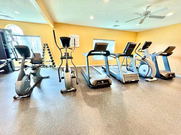 A gym with a variety of cardio equipment including treadmills, stationary bikes, and elliptical machines.