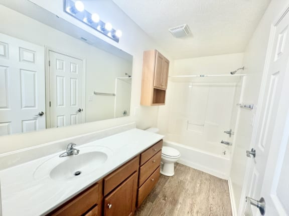 master bathroom with large counter and shower at Hawthorne Properties in Lafayette, IN 47905