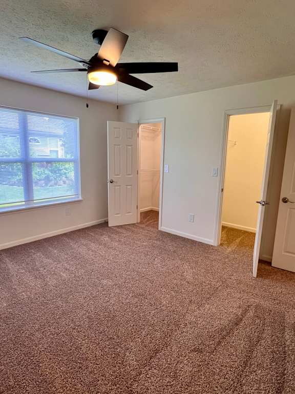 A room with a ceiling fan and carpeted floor.