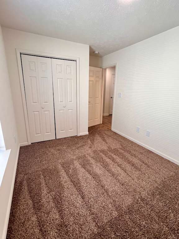 A carpeted room with a white door and a white wall.