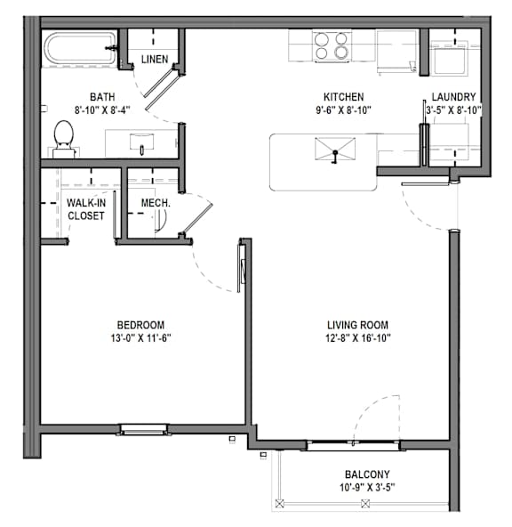 A floor plan of a small apartment with a living room, kitchen, bathroom, bedroom and balcony.