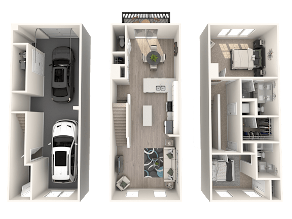 a floor plan of a 3d floor plan with a white car and a balcony