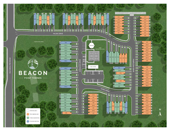 A map of the Beacon Point Townhomes with a key explaining the symbols used.