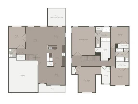 A floor plan of a house with two bedrooms, a living room, a kitchen, and a bathroom.