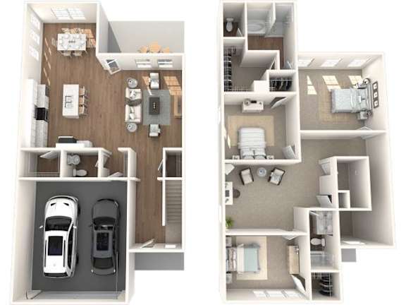 A floor plan of a two-story house with a garage on the first floor and a living area on the second floor.