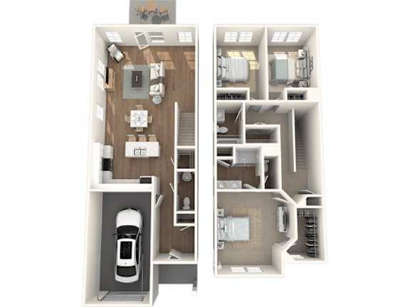 A 3D floor plan of a house with a car parked in the garage.