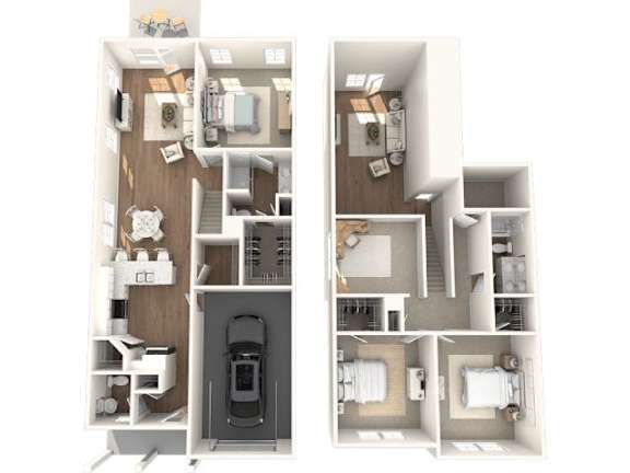 A floor plan of a two-bedroom apartment with a kitchen, living room, and bathroom.