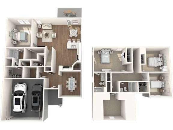 A floor plan of a two-story residential building with a garage and a living room on the first floor and a bedroom with a bathroom on the second floor.