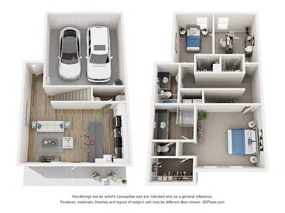 Two white cars are parked in a garage.