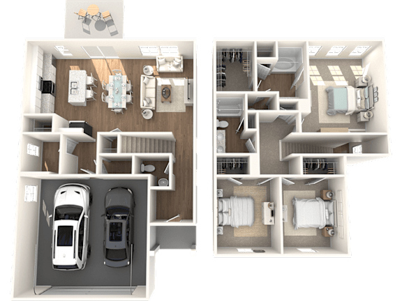 a rendering of two floor plans of a house with a car and a garage