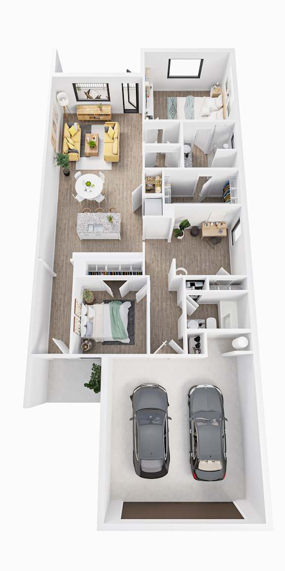 Two cars are parked in a garage.
