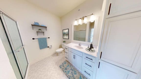 a bathroom with a sink and a shower and a toilet