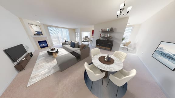 a living room with couches and a table and a television