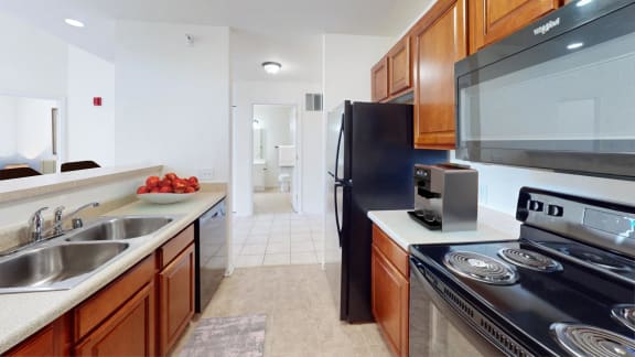 a kitchen with stainless steel appliances and a black refrigerator