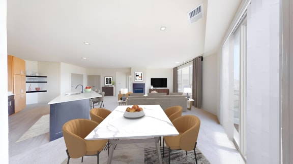 a living room and dining room with a white table and chairs