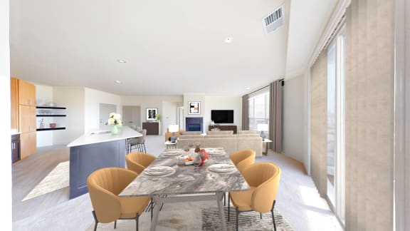 a living room and dining room with a table and chairs