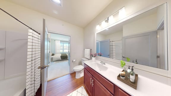 A bathroom with a white sink and a mirror.