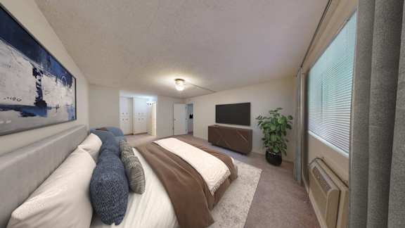 A bedroom with a large bed and a painting on the wall.