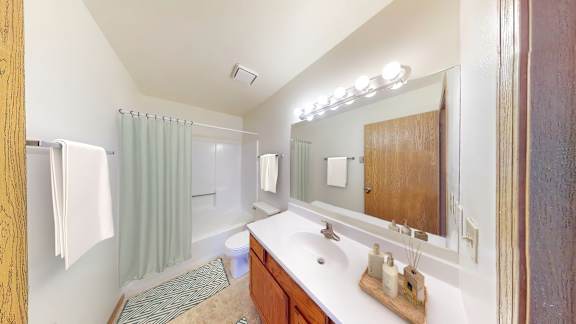 A bathroom with a white sink and a mirror.