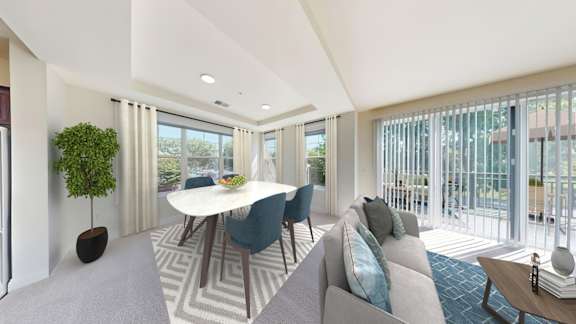 A modern dining room with a white table and blue chairs.