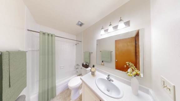 A bathroom with a toilet, sink, and mirror.