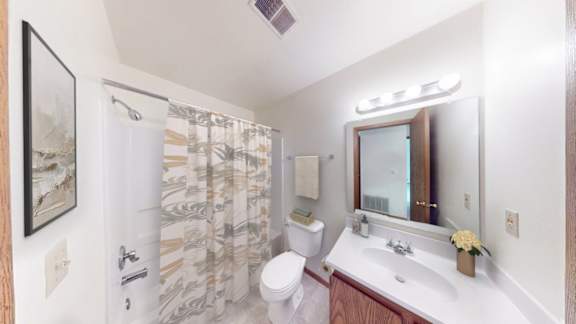 A bathroom with a toilet, sink, and shower curtain.