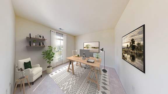 A room with a desk, chair, and a painting on the wall.