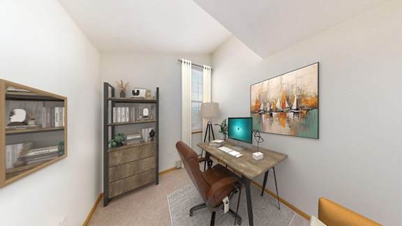 A room with a desk, chair, and bookshelf.