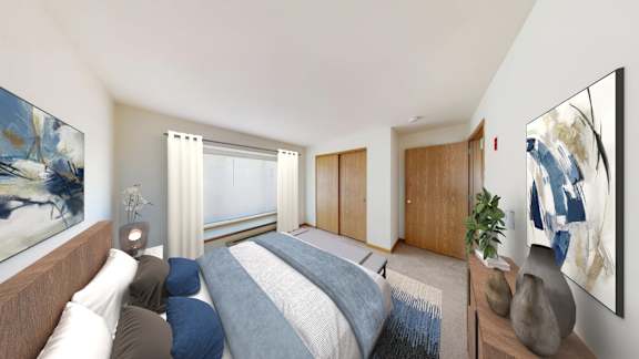 A bedroom with a bed, two nightstands, and two artworks on the wall.